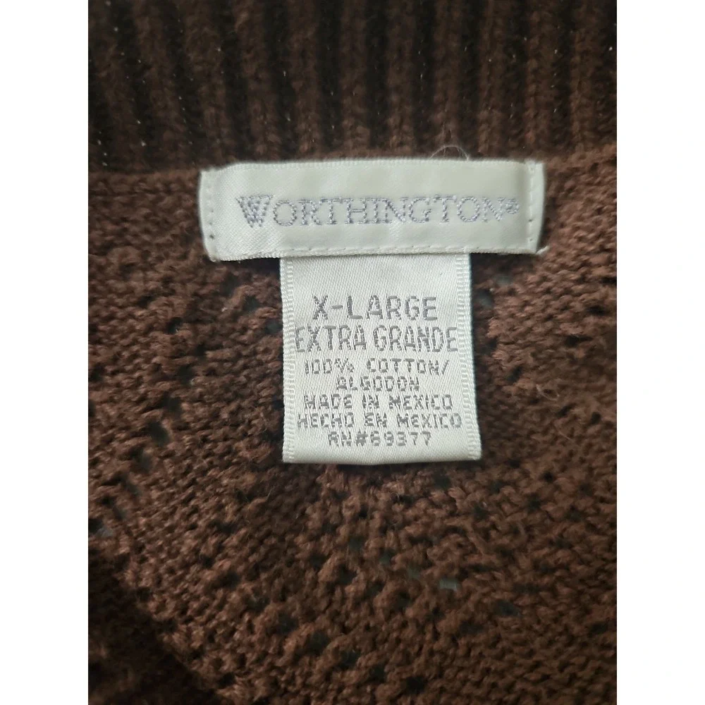 Worthington Cropped Cardigan Sweater XL Brown Open Front Pointelle Knit Cotton